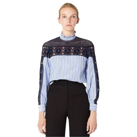 Sandro Clematite Striped Lace-inset Pullover Top in Sky Blue Size 2 - Picture 1 of 8